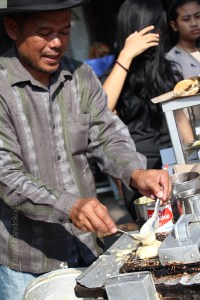 He is one of famous Bandung's Traditional Snack, Bandros, Seller from Jalan Cihapit, Bandung, Jawa Barat Indonesia. Bandros used to made from grated coconut, but today, they have modified to more modern taste using pan-cake like dough.